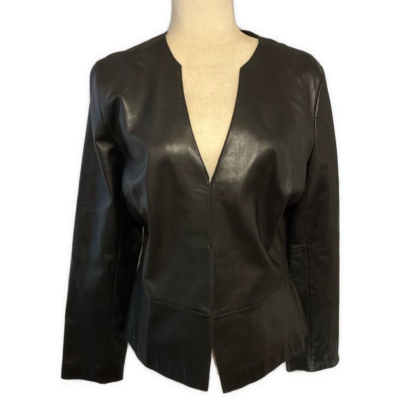 Banana Republic Solid Black Long Sleeve V Neck Lamb Leather Jacket Large